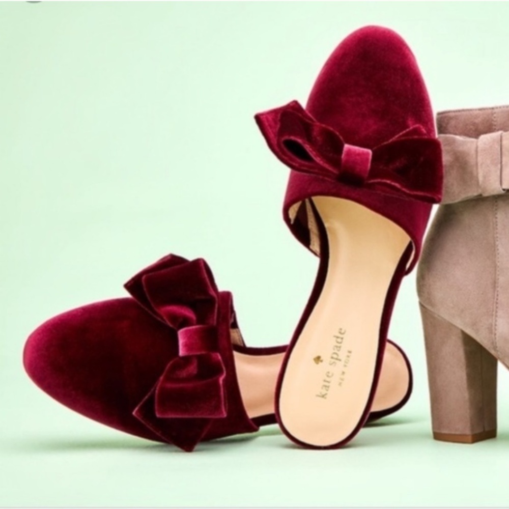 Kate Spade Bordeaux Madra Velvet Bow Mule Slip On Flat Slippers